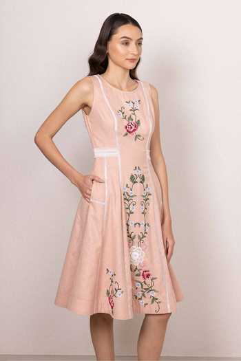 Shop_RANNA GILL_Peach Polyester Round Neck Serel Sleeveless Panel Midi Dress _Online_at_Aza_Fashions