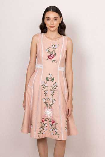 RANNA GILL_Peach Polyester Round Neck Serel Sleeveless Panel Midi Dress _at_Aza_Fashions