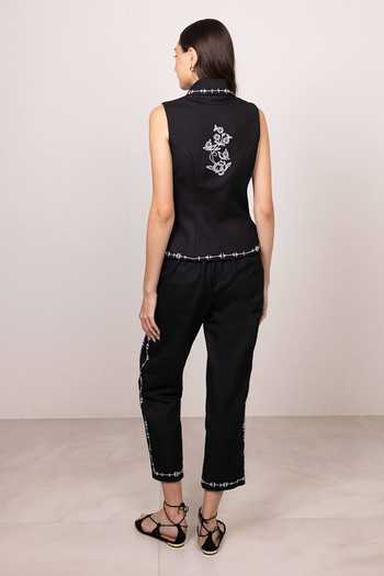 Shop_RANNA GILL_Black Polyester Shawl Neck Mirel Collar Waistcoat _Online_at_Aza_Fashions