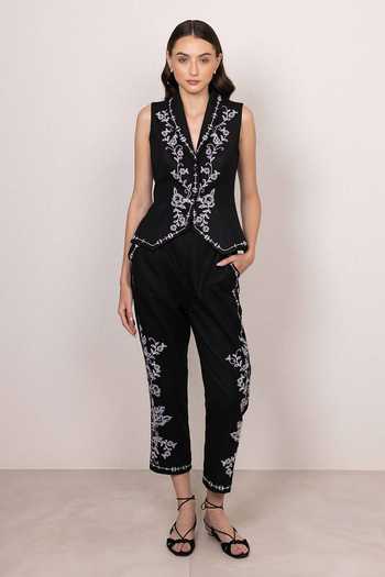RANNA GILL_Black Polyester Shawl Neck Mirel Collar Waistcoat _at_Aza_Fashions