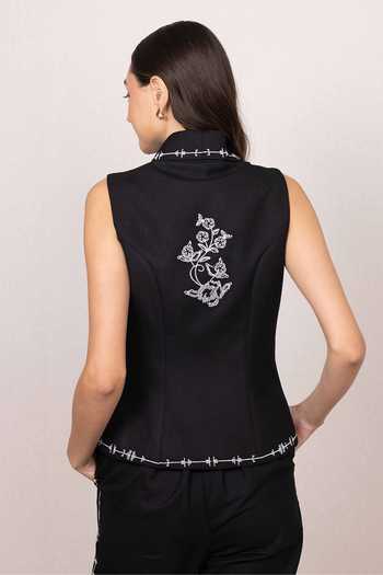 RANNA GILL_Black Polyester Shawl Neck Mirel Collar Waistcoat _Online_at_Aza_Fashions