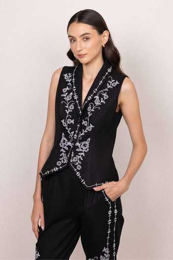 Buy_RANNA GILL_Black Polyester Shawl Neck Mirel Collar Waistcoat _at_Aza_Fashions