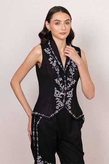 Buy_RANNA GILL_Black Polyester Shawl Neck Mirel Collar Waistcoat 