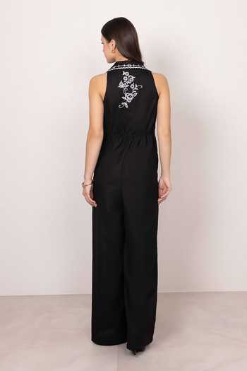 RANNA GILL_Black Polyester Halter Neck Reya Jumpsuit _Online_at_Aza_Fashions