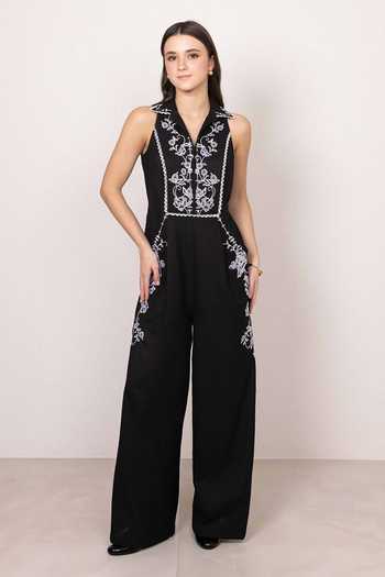 Shop_RANNA GILL_Black Polyester Halter Neck Reya Jumpsuit _Online_at_Aza_Fashions