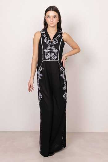 RANNA GILL_Black Polyester Halter Neck Reya Jumpsuit _at_Aza_Fashions