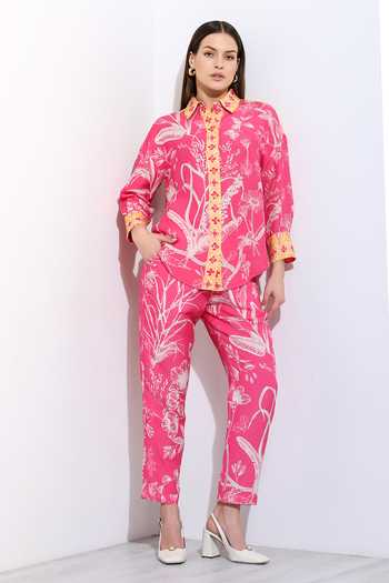 RANNA GILL_Pink Linen Collared Neck Carlotta Printed Shirt _Online_at_Aza_Fashions