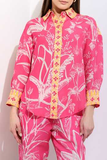RANNA GILL_Pink Linen Collared Neck Carlotta Printed Shirt _at_Aza_Fashions