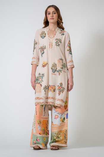 Shop_RANNA GILL_Beige Georgette V-neck Ornella Printed Tunic _Online_at_Aza_Fashions