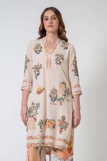 Buy_RANNA GILL_Beige Georgette V-neck Ornella Printed Tunic _at_Aza_Fashions