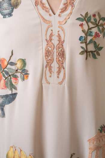 RANNA GILL_Beige Georgette V-neck Ornella Printed Tunic _at_Aza_Fashions