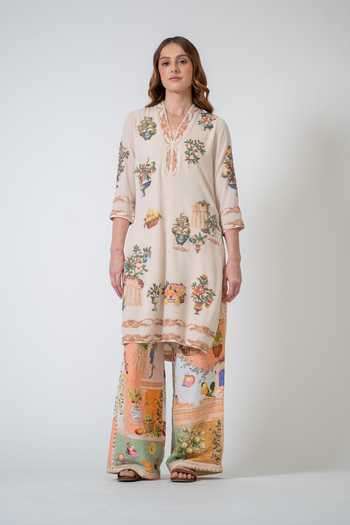 Shop_RANNA GILL_Beige Georgette V-neck Ornella Printed Tunic 
