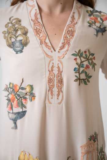 RANNA GILL_Beige Georgette V-neck Ornella Printed Tunic _Online