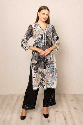 Buy_RANNA GILL_Black Georgette V-neck Iver Floral Print Tunic _at_Aza_Fashions