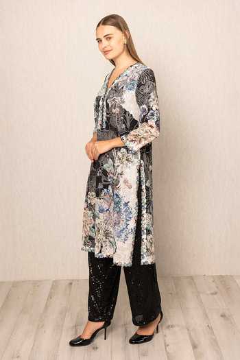 Buy_RANNA GILL_Black Georgette V-neck Iver Floral Print Tunic _Online_at_Aza_Fashions