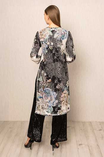 RANNA GILL_Black Georgette V-neck Iver Floral Print Tunic _Online_at_Aza_Fashions