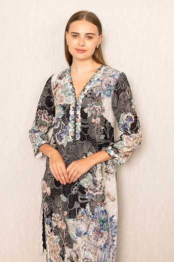 Shop_RANNA GILL_Black Georgette V-neck Iver Floral Print Tunic _Online_at_Aza_Fashions