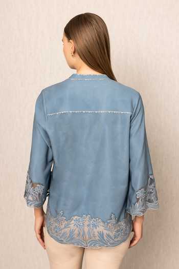 Shop_RANNA GILL_Blue Crinkle V-neck Roselake Tonal Embroidered Top _at_Aza_Fashions