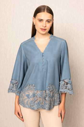 Buy_RANNA GILL_Blue Crinkle V-neck Roselake Tonal Embroidered Top _at_Aza_Fashions