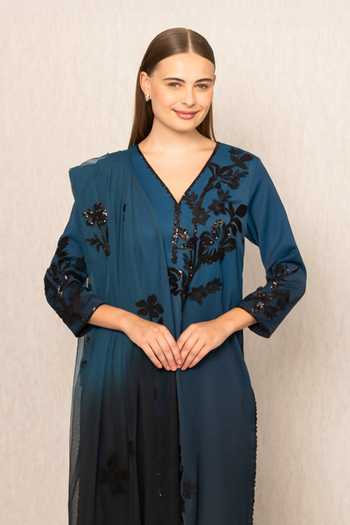RANNA GILL_Black Polyester V-neck Alira Ombre Tunic With Dupatta _Online_at_Aza_Fashions