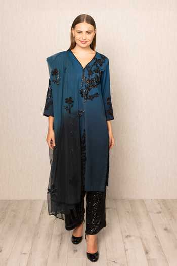 Buy_RANNA GILL_Black Polyester V-neck Alira Ombre Tunic With Dupatta _at_Aza_Fashions