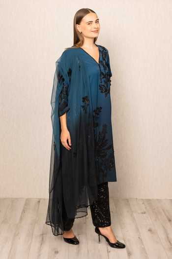 Buy_RANNA GILL_Black Polyester V-neck Alira Ombre Tunic With Dupatta _Online_at_Aza_Fashions