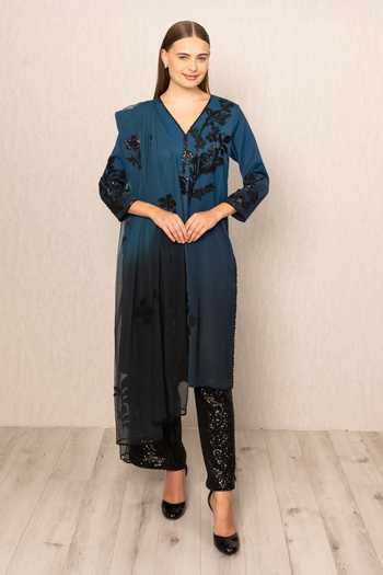 Shop_RANNA GILL_Black Polyester V-neck Alira Ombre Tunic With Dupatta _Online_at_Aza_Fashions
