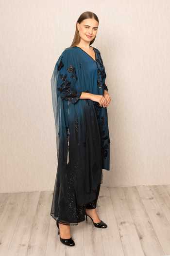 RANNA GILL_Black Polyester V-neck Alira Ombre Tunic With Dupatta _at_Aza_Fashions