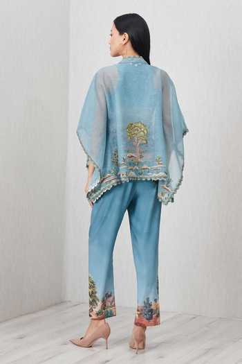 Shop_RANNA GILL_Blue Crinkle, Polyester Solmera Landscape Print Pant _at_Aza_Fashions