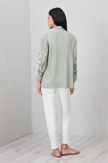 Shop_RANNA GILL_Green Crepe Collared Neck Ashby Embroidered Shirt _at_Aza_Fashions