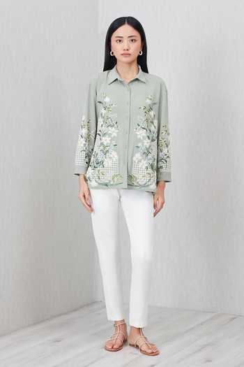 RANNA GILL_Green Crepe Collared Neck Ashby Embroidered Shirt _Online_at_Aza_Fashions