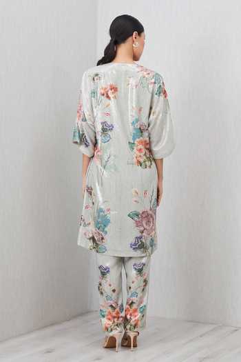 RANNA GILL_Green Polyester V-neck Laurel Sequin Tunic And Pant Set _Online_at_Aza_Fashions