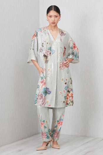 Buy_RANNA GILL_Green Polyester V-neck Laurel Sequin Tunic And Pant Set _at_Aza_Fashions