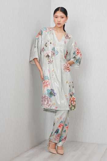 Buy_RANNA GILL_Green Polyester V-neck Laurel Sequin Tunic And Pant Set _Online_at_Aza_Fashions