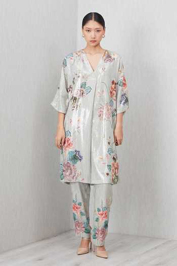 RANNA GILL_Green Polyester V-neck Laurel Sequin Tunic And Pant Set _at_Aza_Fashions