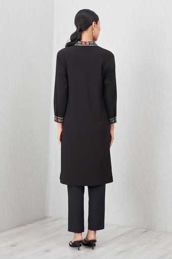 Shop_RANNA GILL_Black Crinkle Collared Neck, Yes Sion Floral Print Tunic _at_Aza_Fashions