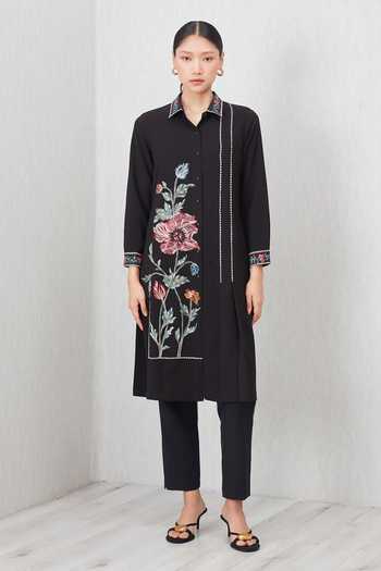 Buy_RANNA GILL_Black Crinkle Collared Neck, Yes Sion Floral Print Tunic _at_Aza_Fashions