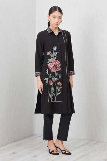 Buy_RANNA GILL_Black Crinkle Collared Neck, Yes Sion Floral Print Tunic _Online_at_Aza_Fashions
