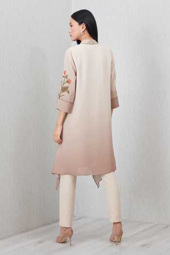 Shop_RANNA GILL_Beige Georgette V-neck, Yes Azara Printed Asymmetric Tunic _at_Aza_Fashions