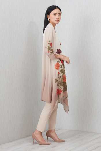 RANNA GILL_Beige Georgette V-neck, Yes Azara Printed Asymmetric Tunic _Online_at_Aza_Fashions