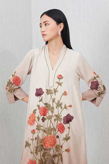 Buy_RANNA GILL_Beige Georgette V-neck, Yes Azara Printed Asymmetric Tunic _Online_at_Aza_Fashions
