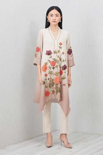 Shop_RANNA GILL_Beige Georgette V-neck, Yes Azara Printed Asymmetric Tunic _Online_at_Aza_Fashions