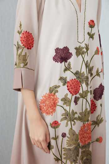 RANNA GILL_Beige Georgette V-neck, Yes Azara Printed Asymmetric Tunic _at_Aza_Fashions