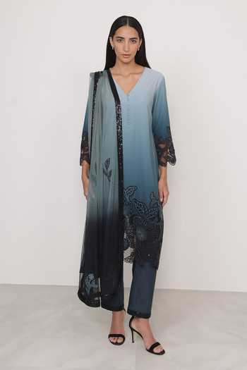 RANNA GILL_Black Crinkle, Polyester V-neck Vina Floral Applique Tunic Set _Online_at_Aza_Fashions