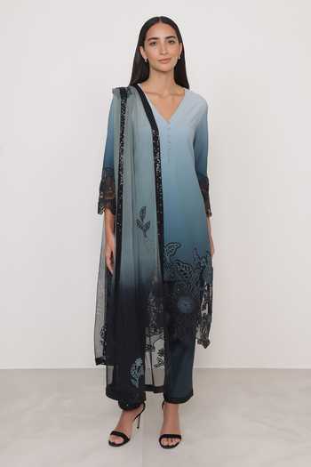 Buy_RANNA GILL_Black Crinkle, Polyester V-neck Vina Floral Applique Tunic Set _Online_at_Aza_Fashions