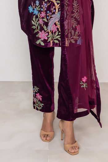 RANNA GILL_Maroon Velvet V-neck Montevia Tunic Set _Online_at_Aza_Fashions