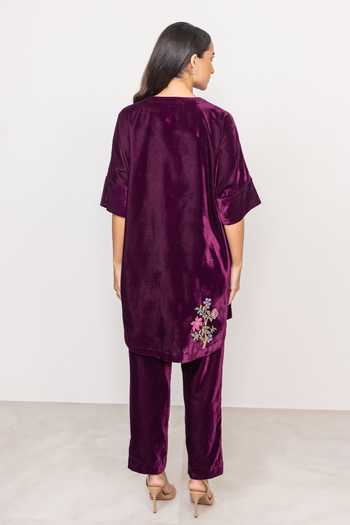 Shop_RANNA GILL_Maroon Velvet V-neck Montevia Tunic Set _at_Aza_Fashions
