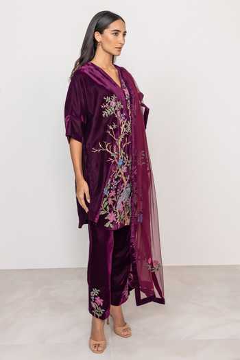 Buy_RANNA GILL_Maroon Velvet V-neck Montevia Tunic Set _Online_at_Aza_Fashions