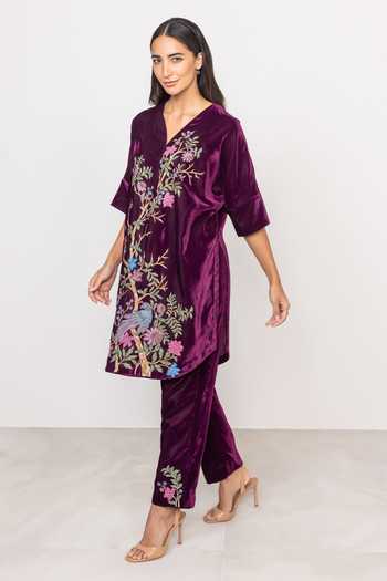 Shop_RANNA GILL_Maroon Velvet V-neck Montevia Tunic Set _Online_at_Aza_Fashions