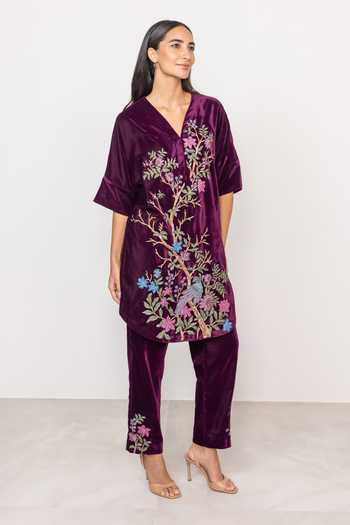 Buy_RANNA GILL_Maroon Velvet V-neck Montevia Tunic Set 